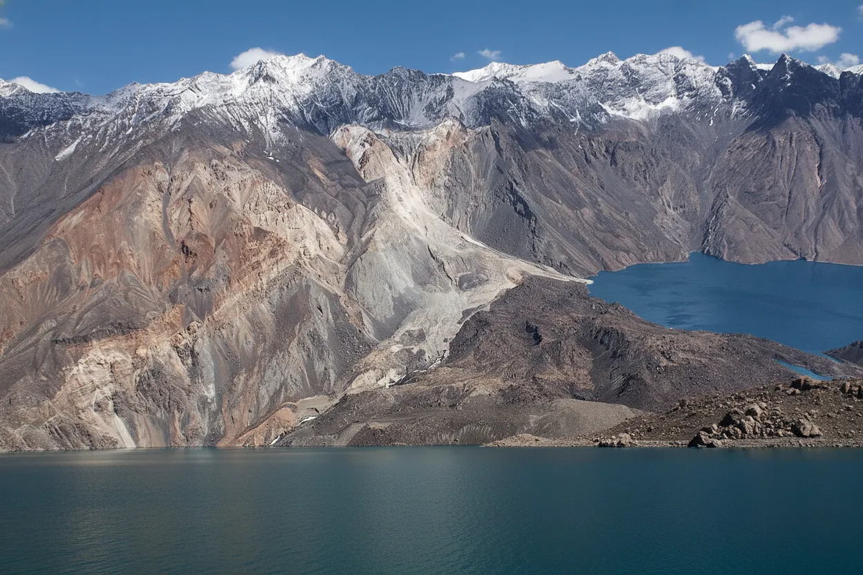 Panoramic view of Lake Sarez, showing its turquoise waters nestled between towering, snow-capped Pamir Mountains