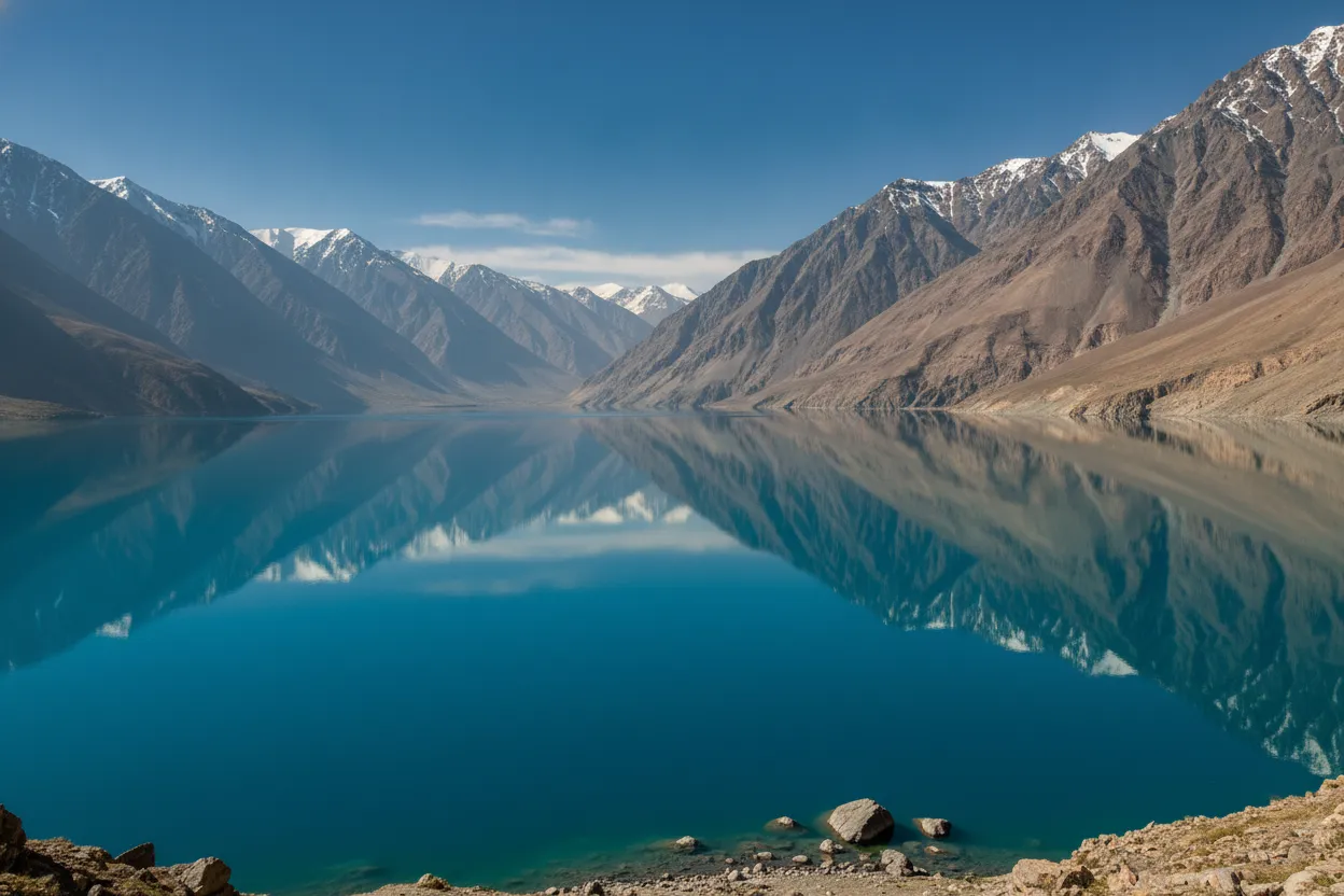 A lone hiker standing on a rocky outcrop overlooking the vast expanse of Lake Sarez, with distant mountains under a clear blue sky