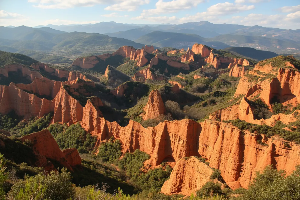 Panoramic view of the blood-red peaks and valleys of Las Médulas, Spain, under a clear blue sky.