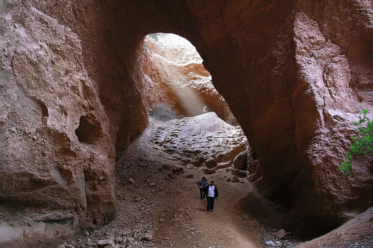 A person exploring a dark, ancient Roman mining tunnel in Las Médulas, with light visible at the entrance.