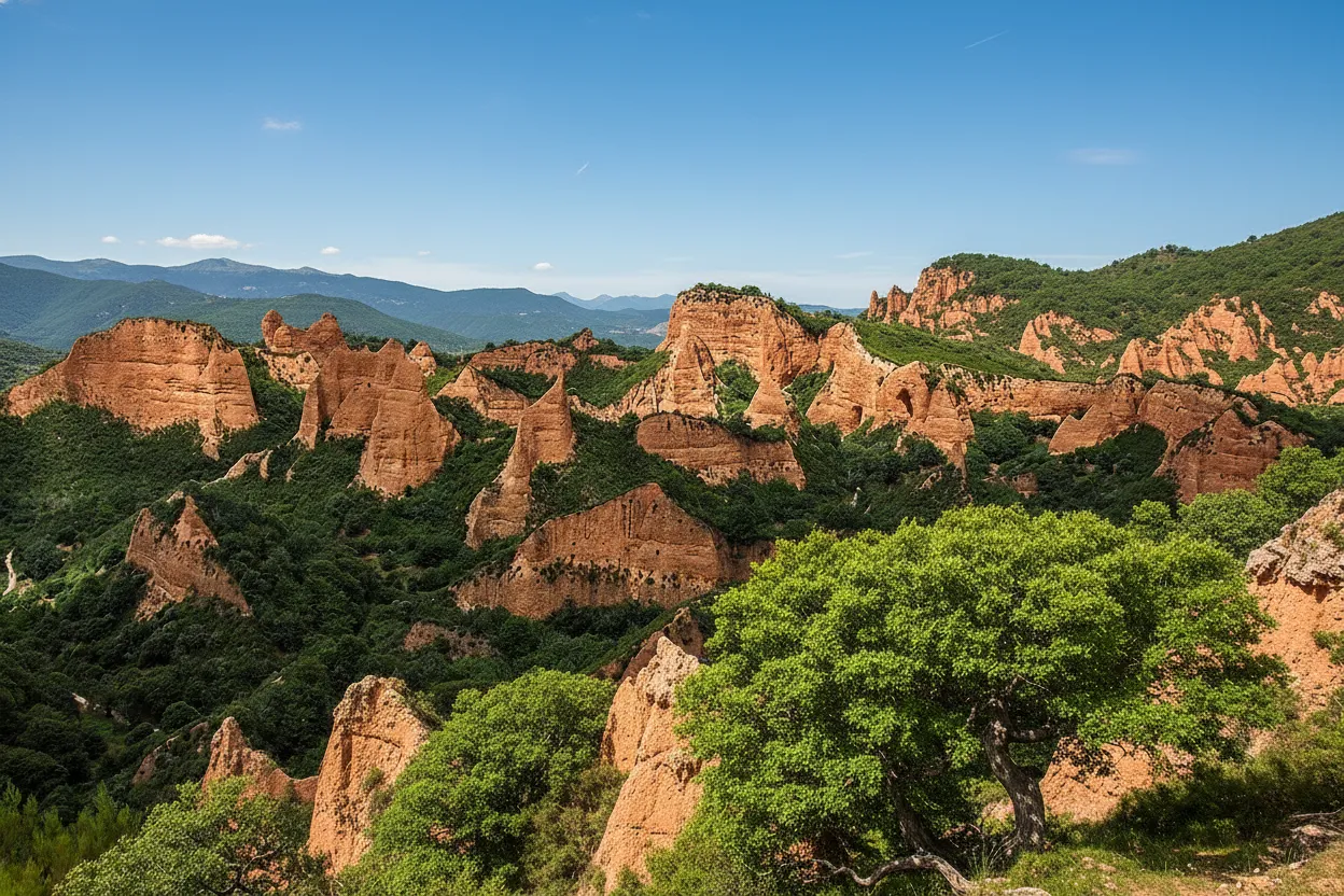 Ancient, gnarled chestnut trees with vibrant green leaves growing amidst the red earth formations of Las Médulas.
