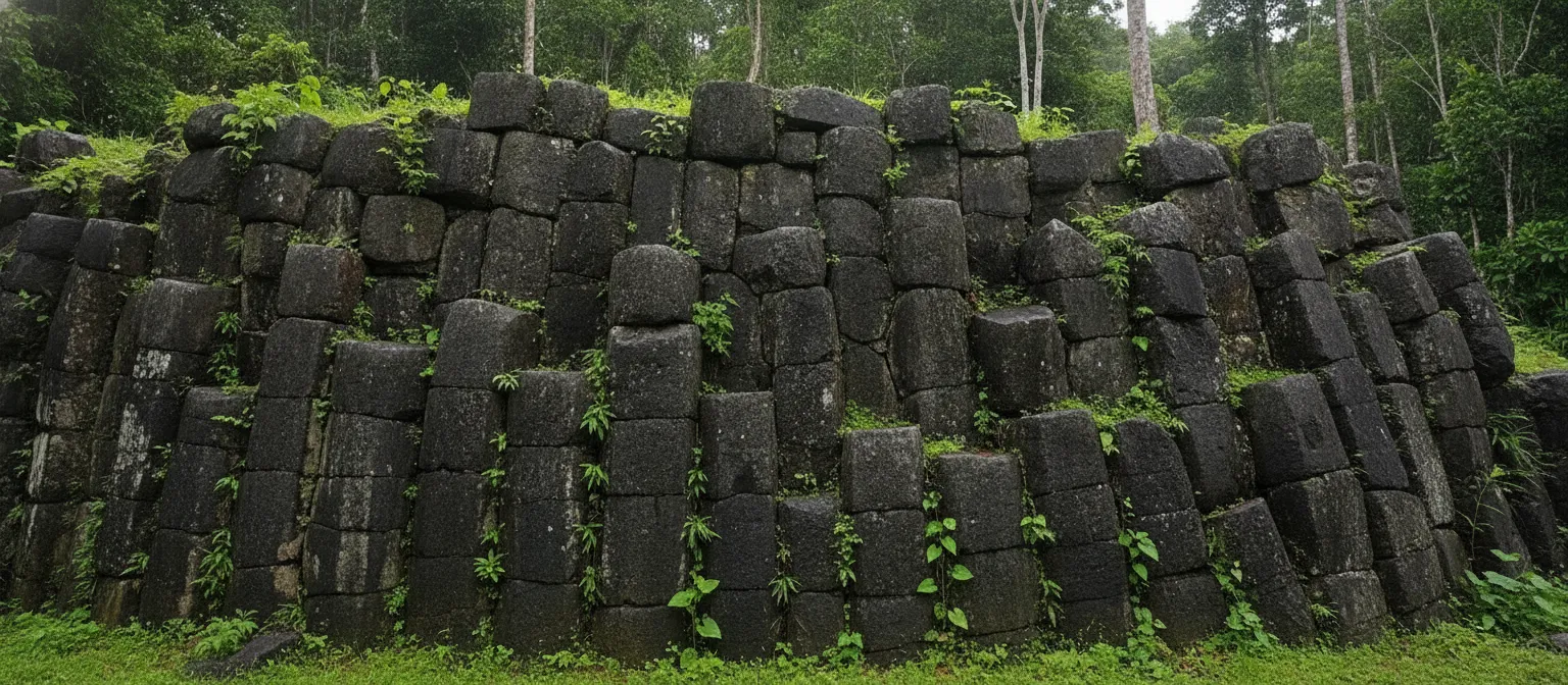 Massive polygonal basalt walls of the Lele Ruins, partially covered by jungle vines.
