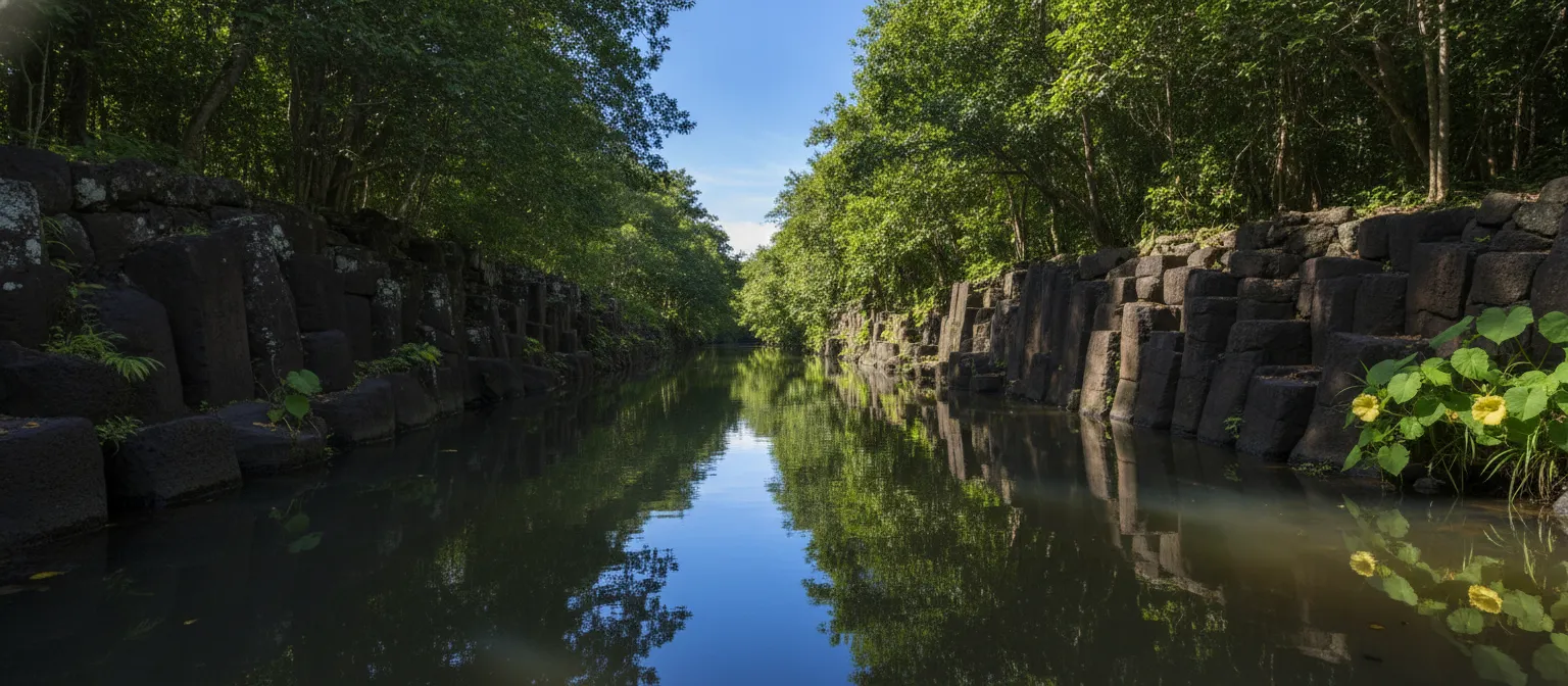 Overgrown artificial canal at Lele Ruins, with ancient basalt structures visible through the trees.