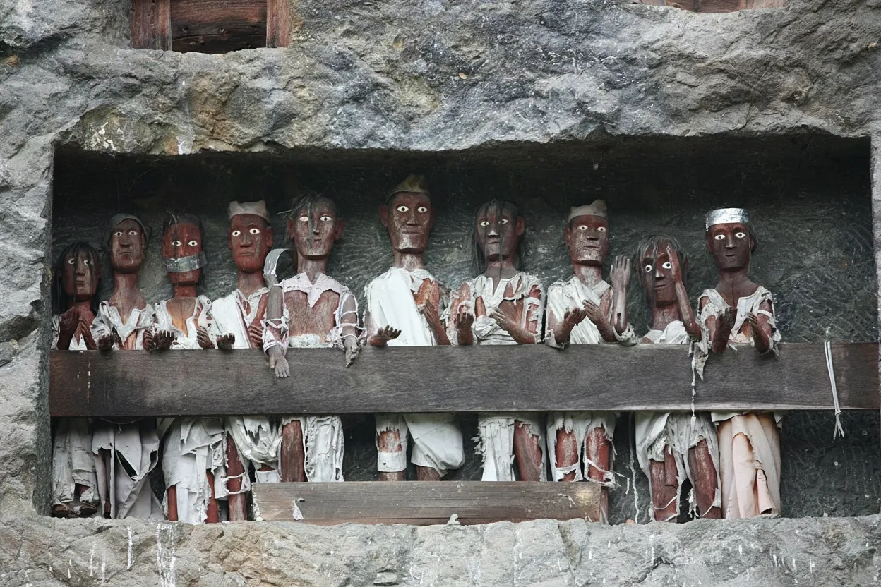 Wide shot of the Lemo cliff with numerous tau-tau effigies on balconies