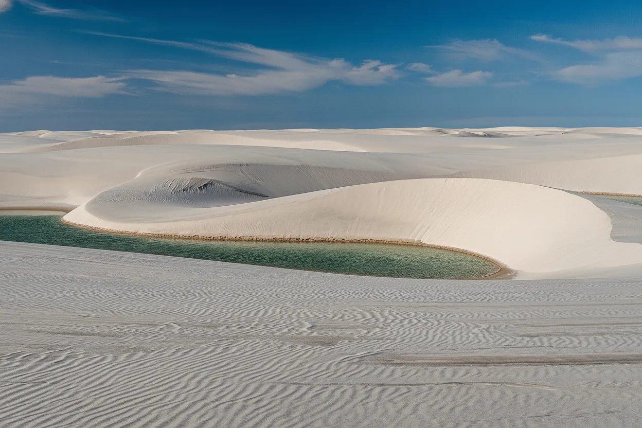 Aerial view of vast white sand dunes dotted with numerous blue and green lagoons under a clear sky in Lençóis Maranhenses National Park.