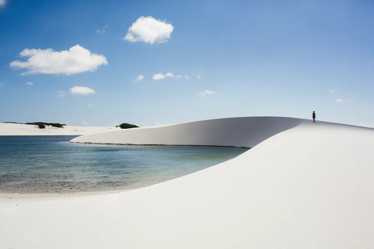 A person swimming in a clear blue lagoon surrounded by towering white sand dunes in Lençóis Maranhenses National Park, Brazil.