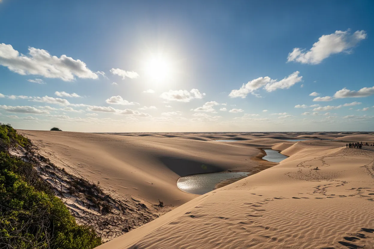 A group of travelers walking up a pristine white sand dune towards a vibrant blue lagoon in Lençóis Maranhenses National Park, Brazil.