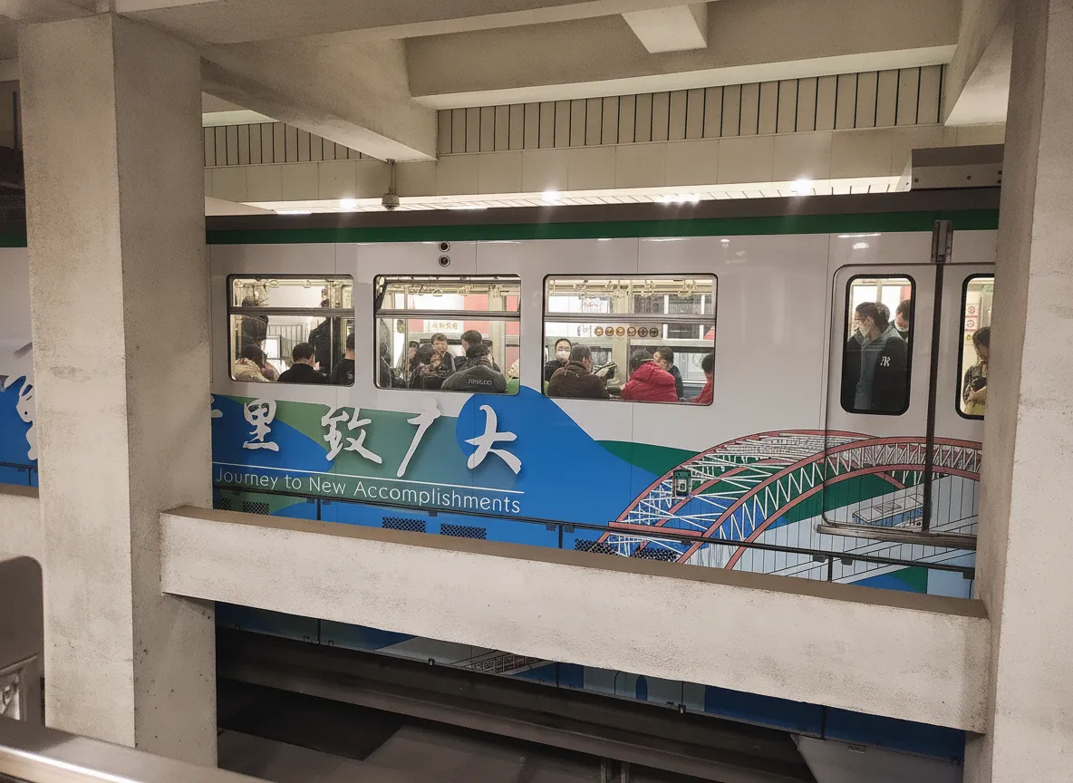 Exterior view of Liziba Station in Chongqing, showing the monorail train emerging from the side of a residential building.