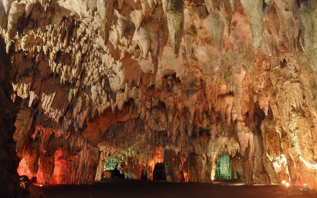 An awe-inspiring view inside Loltún Cave, showcasing immense stalactites and stalagmites bathed in ethereal light.
