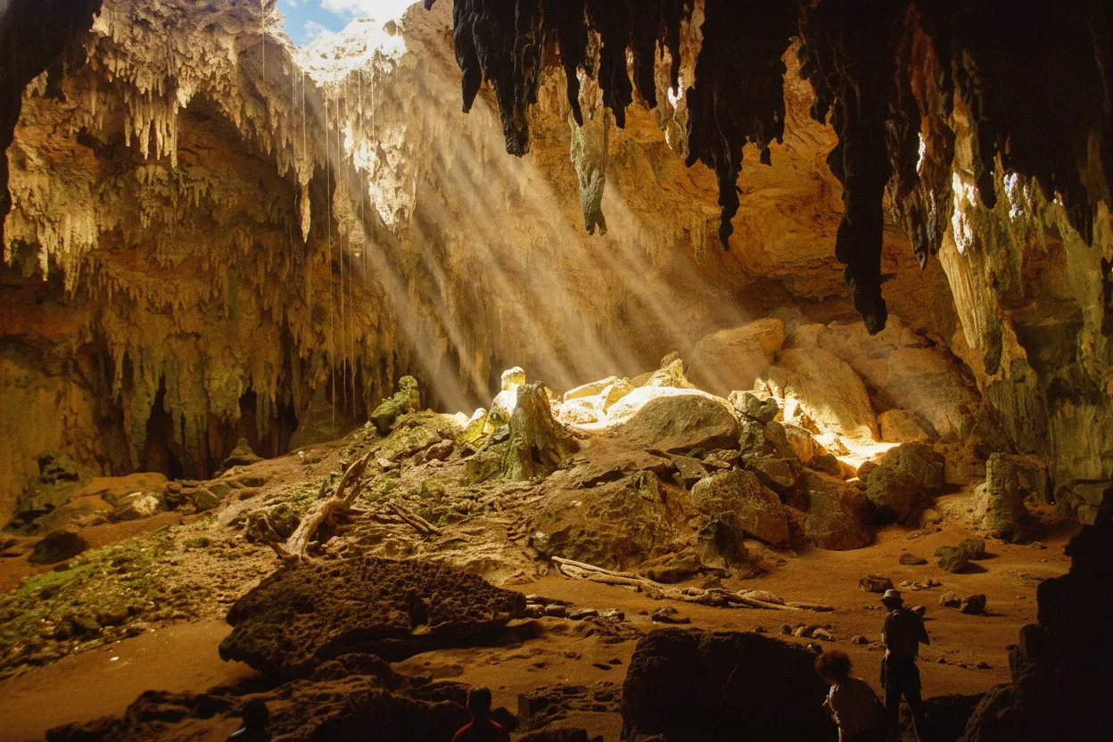 Close-up of ancient Maya petroglyphs and handprints on a cave wall inside Loltún, illuminated by a guide's light.