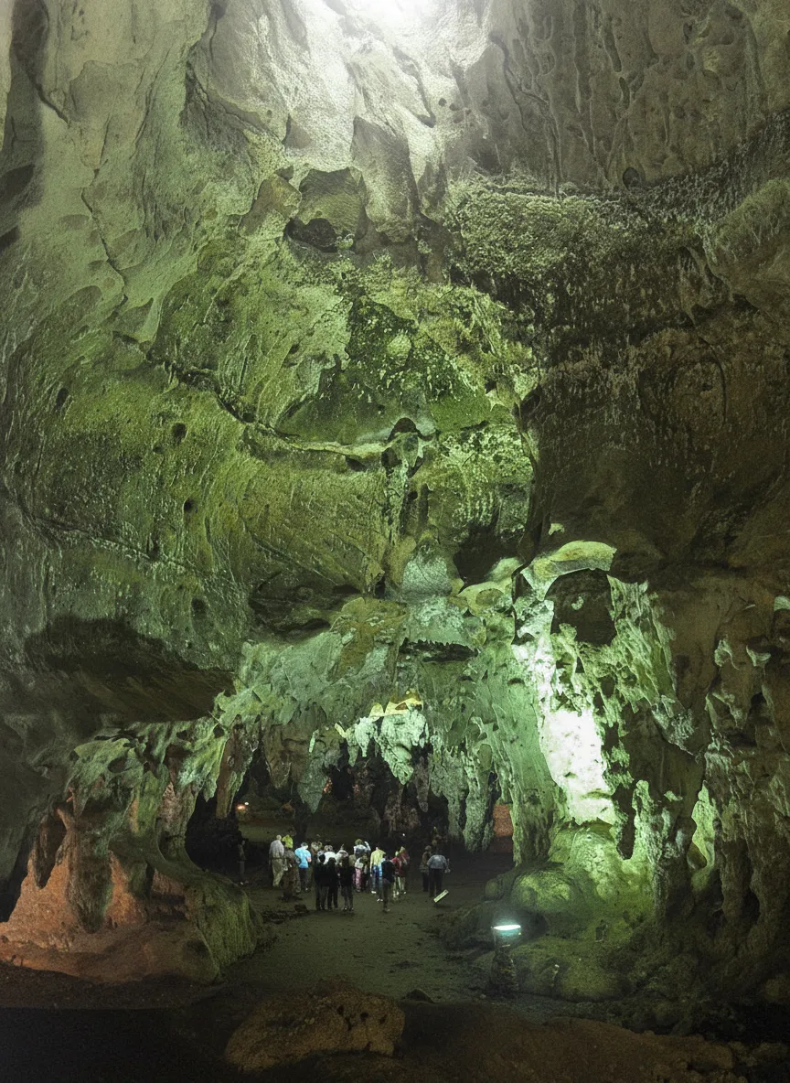 A local Maya guide pointing out a unique stalagmite formation inside Loltún Cave to a group of visitors.