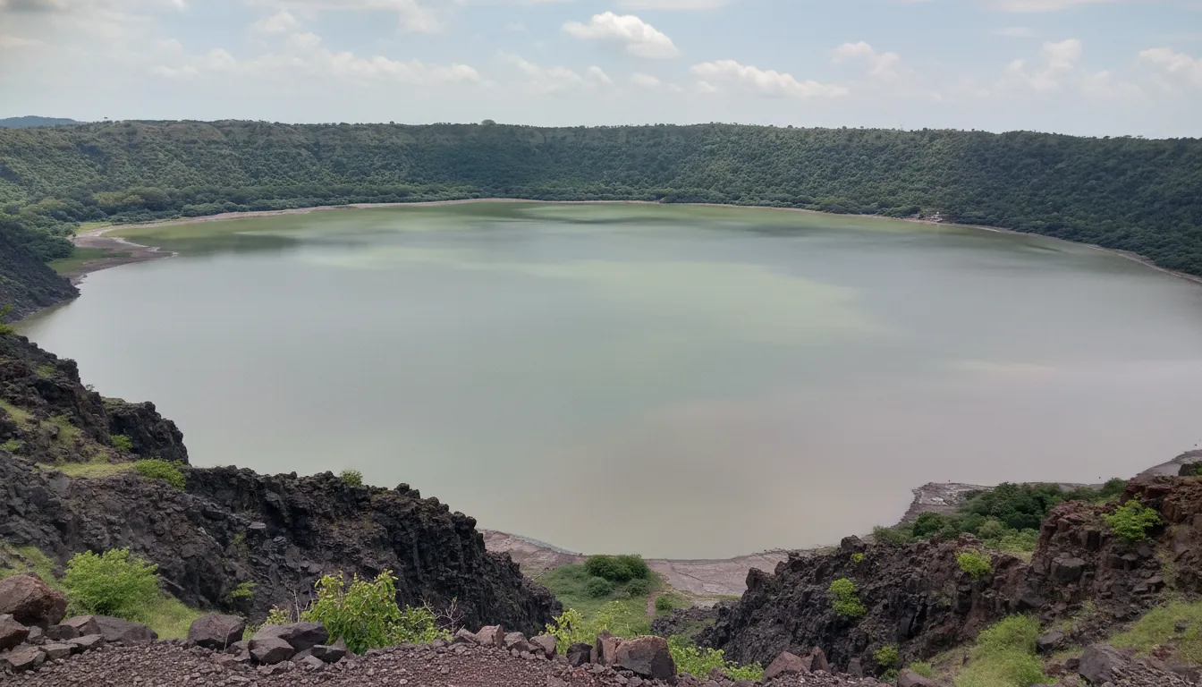 Aerial view of perfectly circular Lonar Lake surrounded by lush green forest in Maharashtra, India.