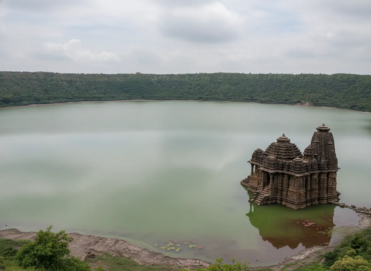 Ancient Daitya Sudan Temple with intricate carvings near Lonar Lake, India.