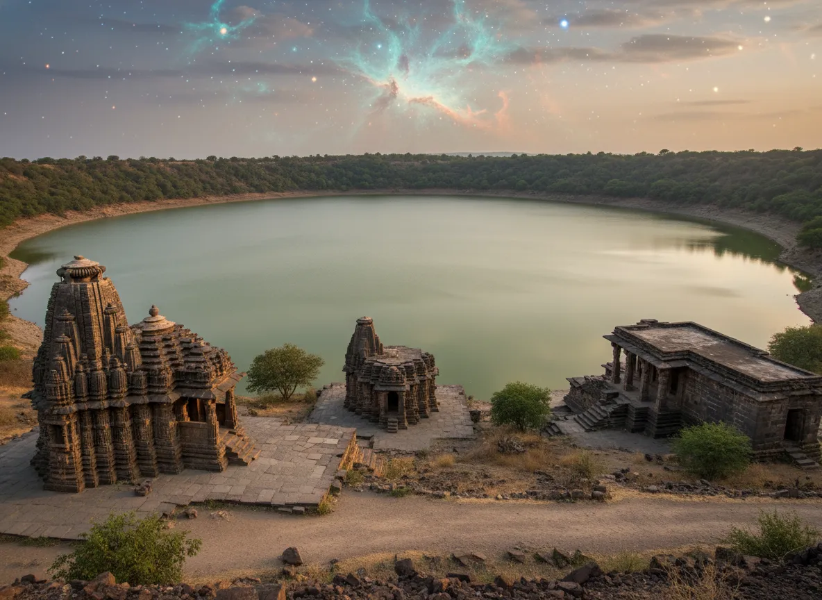Close-up of the unique pinkish-green waters of Lonar Lake, showcasing its distinct microbial life.