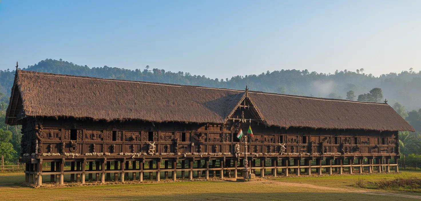 Konyak Naga Angh's traditional house in Longwa, straddling the India-Myanmar border, adorned with tribal symbols.