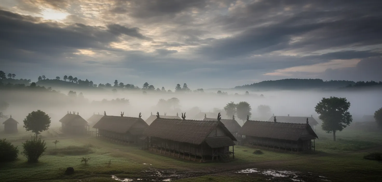 Panoramic view of Longwa village nestled in the green Patkai hills, with traditional Konyak houses.