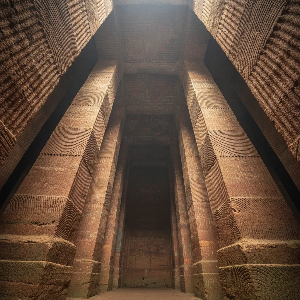 Interior view of a Longyou Grotto, showing massive pillars and intricate chisel marks on the walls and ceiling.