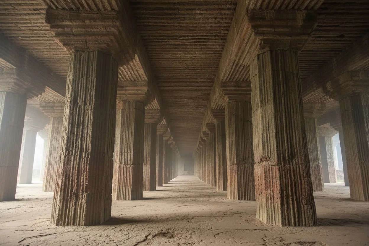 A visitor standing on a bridge inside a Longyou Grotto, looking up at the high, carved ceiling, emphasizing the scale.