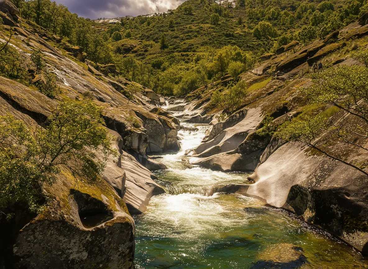 Panoramic view of the Jerte Valley in Extremadura, Spain, with mountains in the background