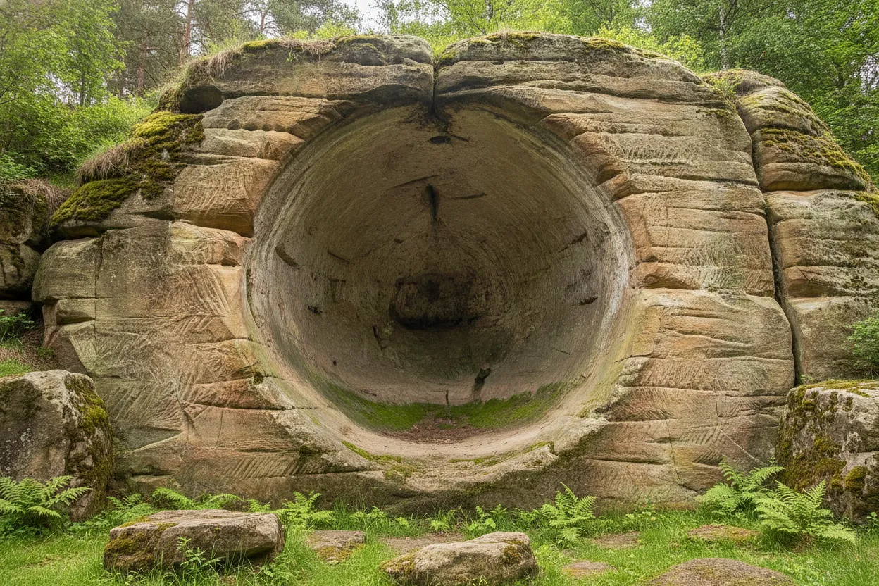 Massive circular imprints in sandstone bedrock at Mühlsteinbrüche, surrounded by forest.
