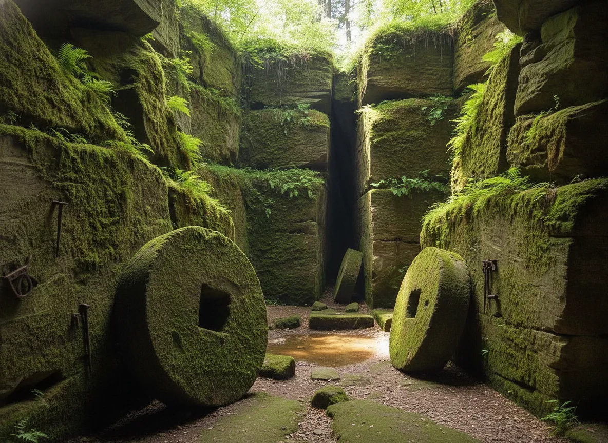 Interior of a moss-covered grotto at Mühlsteinbrüche, with light filtering from above.