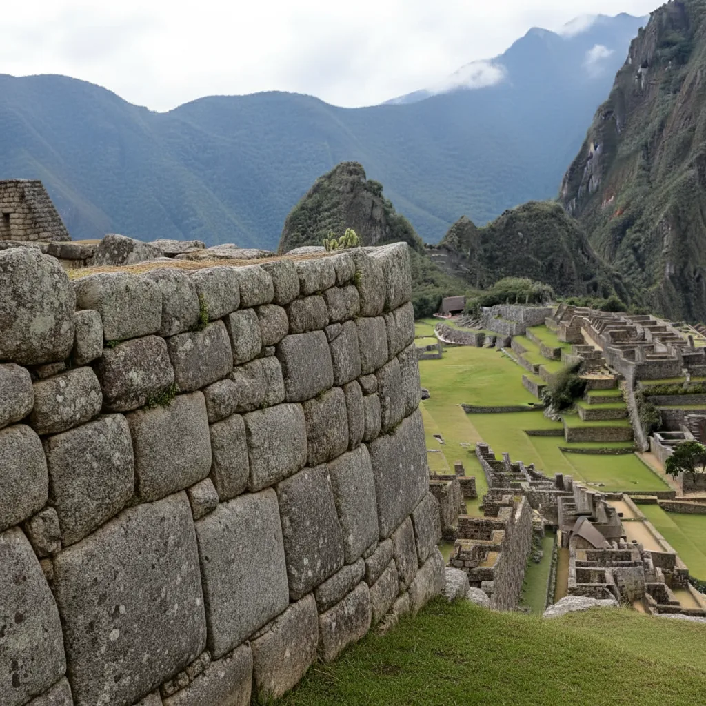 Panoramic view of Machu Picchu citadel nestled between two peaks, with lush green mountains and misty clouds in the background.