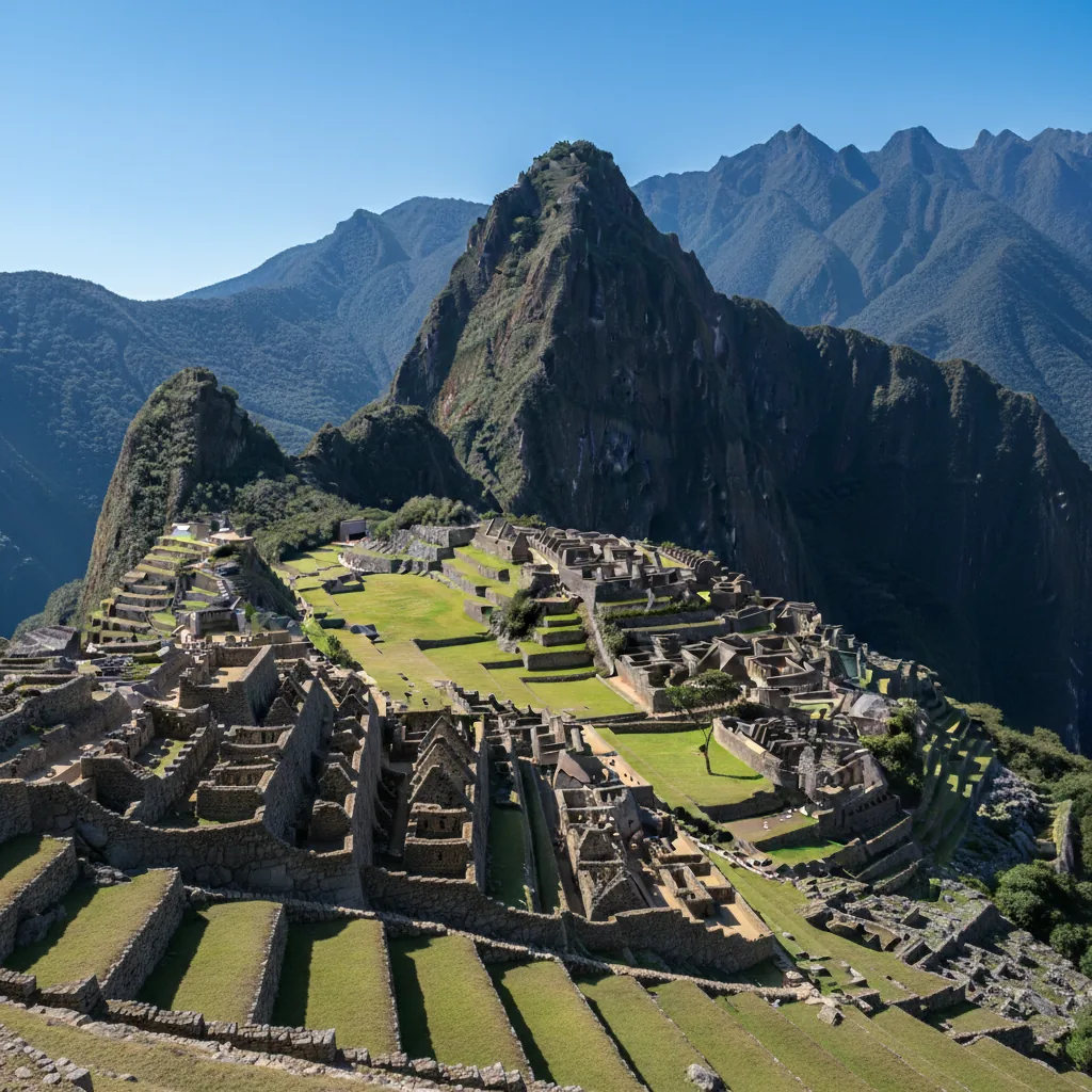 Close-up view of the Intihuatana Stone at Machu Picchu, with ancient stone structures and mountains in the background under a clear sky.