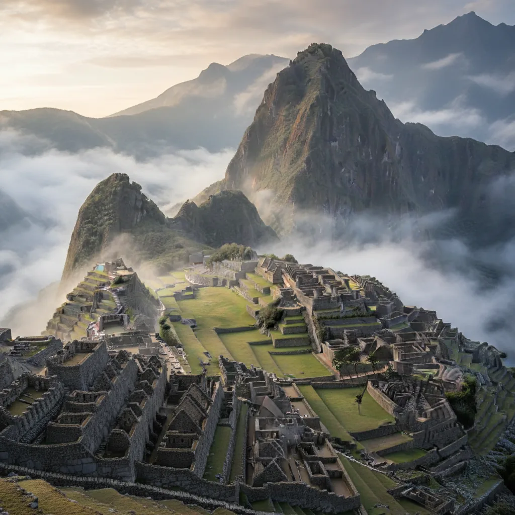 A traveler admiring the vastness of Machu Picchu from a viewpoint, with the iconic citadel below and the Peruvian Andes stretching into the distance.