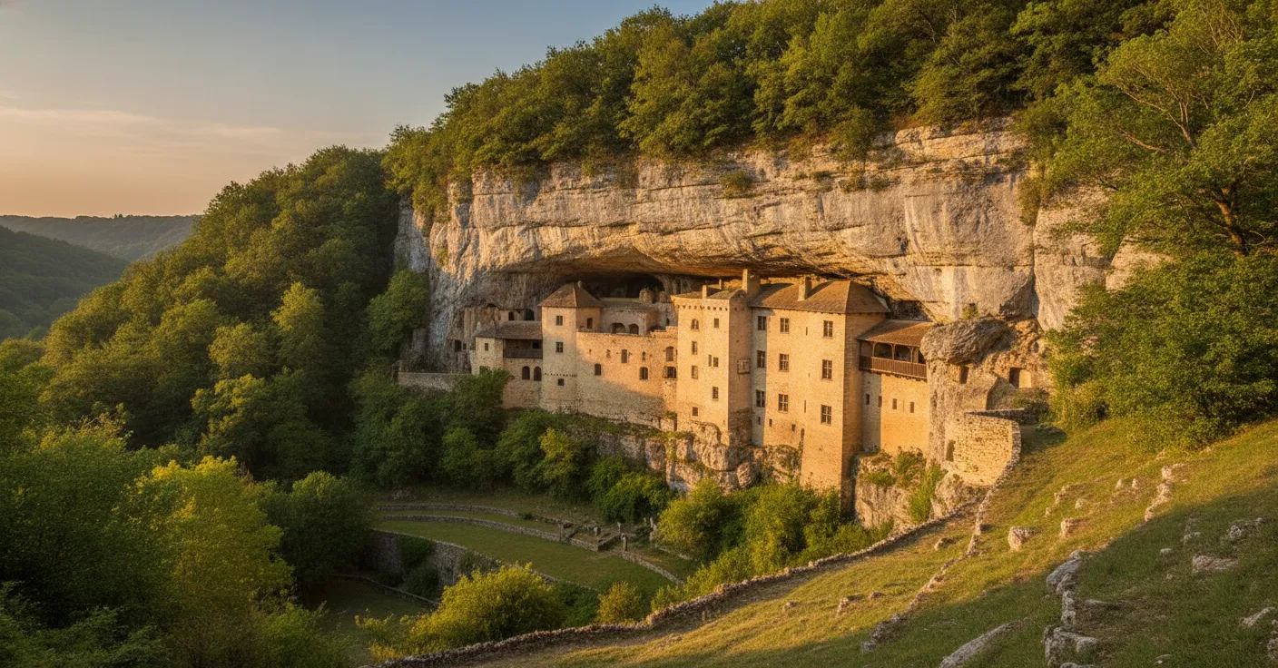 Imagine a medieval castle where the cliff face isn't just a backdrop, but the very roof of its ancient stronghold, seemingly growing directly from the rock.