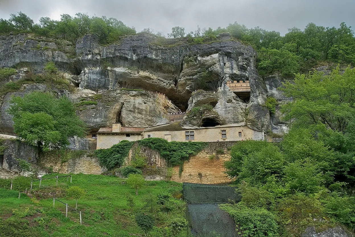 Exterior view of Maison Forte de Reignac, showing the castle built directly under a massive limestone overhang in the Dordogne valley.