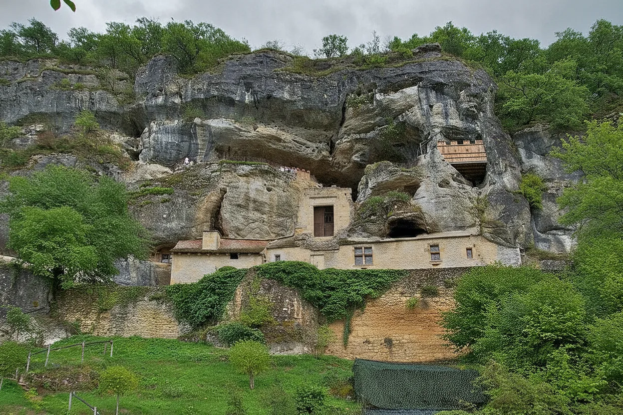 Interior view of a room inside Maison Forte de Reignac, showing furniture and walls carved directly into the natural rock.