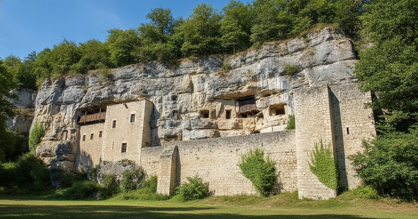 Panoramic view of the Dordogne valley and Vézère river from the openings of Maison Forte de Reignac.