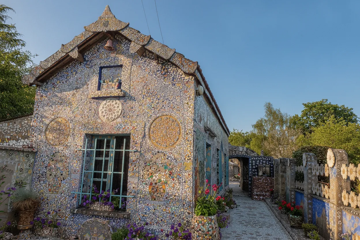 Close-up of intricate mosaic work at Maison Picassiette, showing detailed patterns made from broken ceramics and glass.