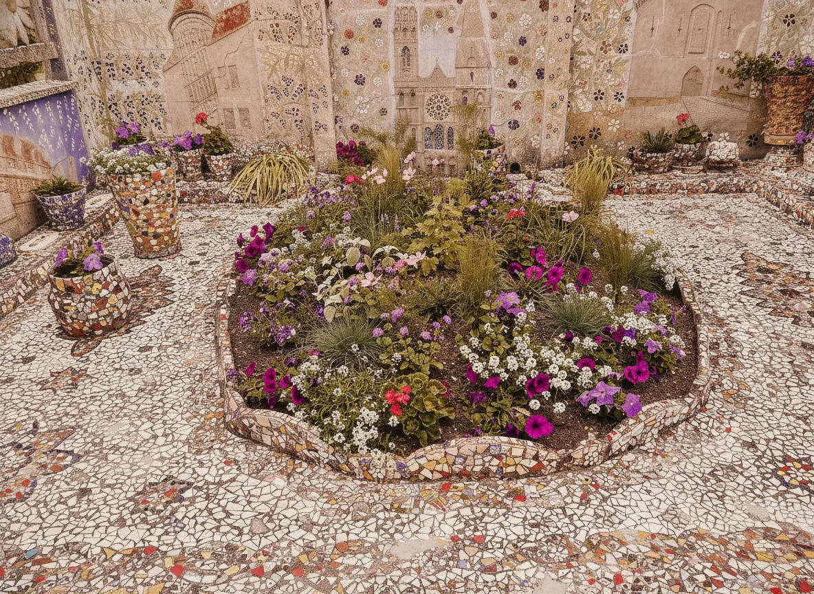 Exterior view of Maison Picassiette, showcasing the fully mosaic-covered walls and garden structures under natural light.