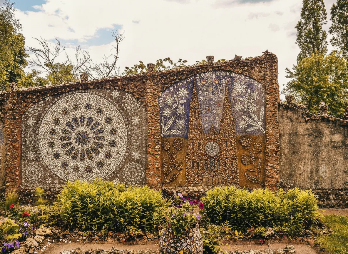 A vibrant mosaic pathway winding through the garden of Maison Picassiette, leading towards the mosaic-covered house.
