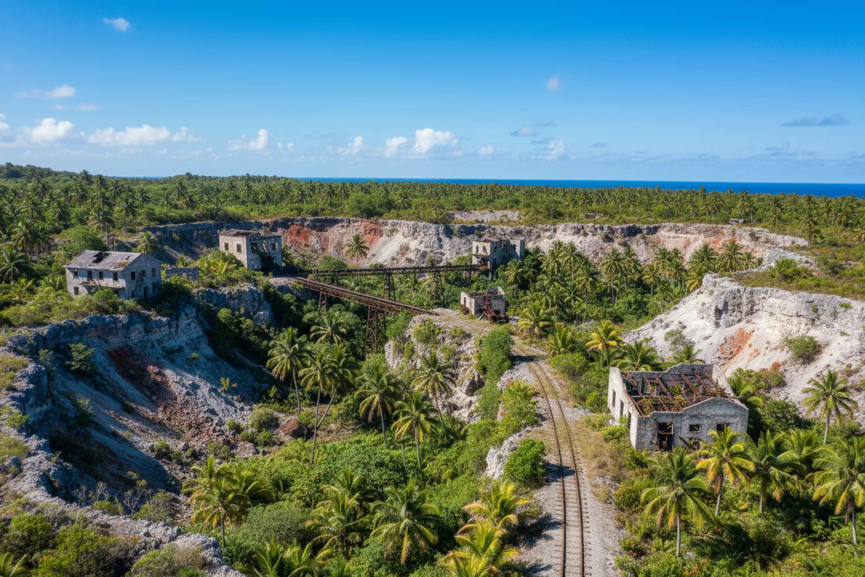 Dramatic cliffs of Makatea Island plunging into the turquoise Pacific Ocean, with lush vegetation at the top.