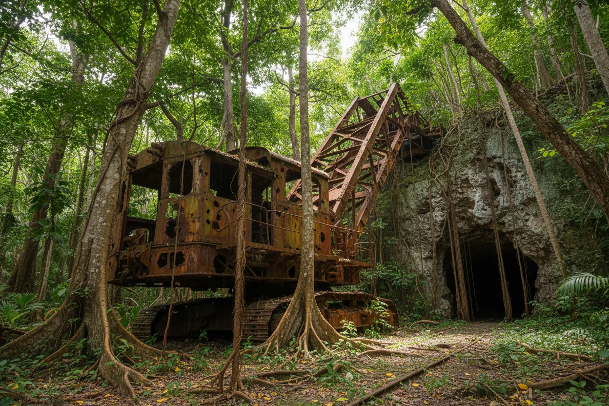 Overgrown mining infrastructure on Makatea Island, rusted metal and abandoned machinery being reclaimed by dense jungle.