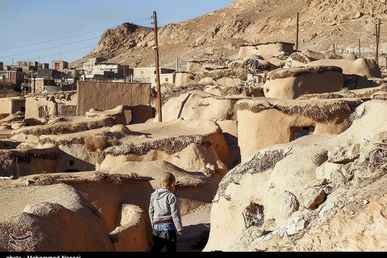 Narrow alleyways and miniature mud-brick houses in Makhunik, Iran