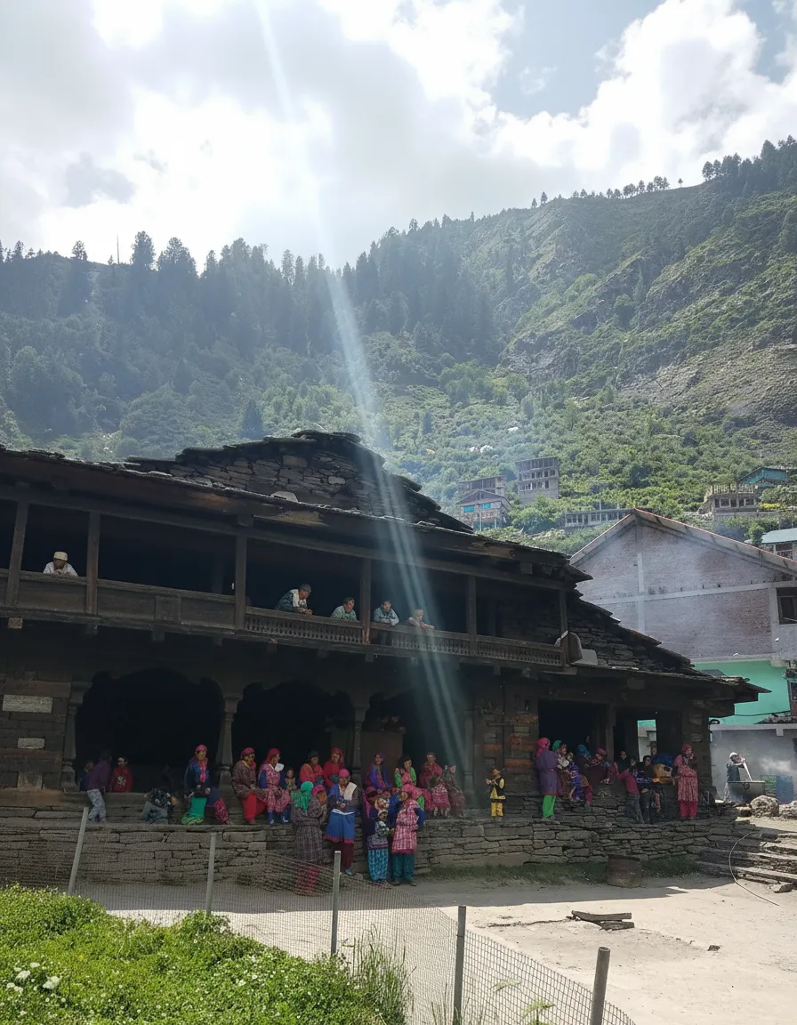 Panoramic view of Malana Village nestled in the Himalayas, showing traditional wooden houses and terraced fields.