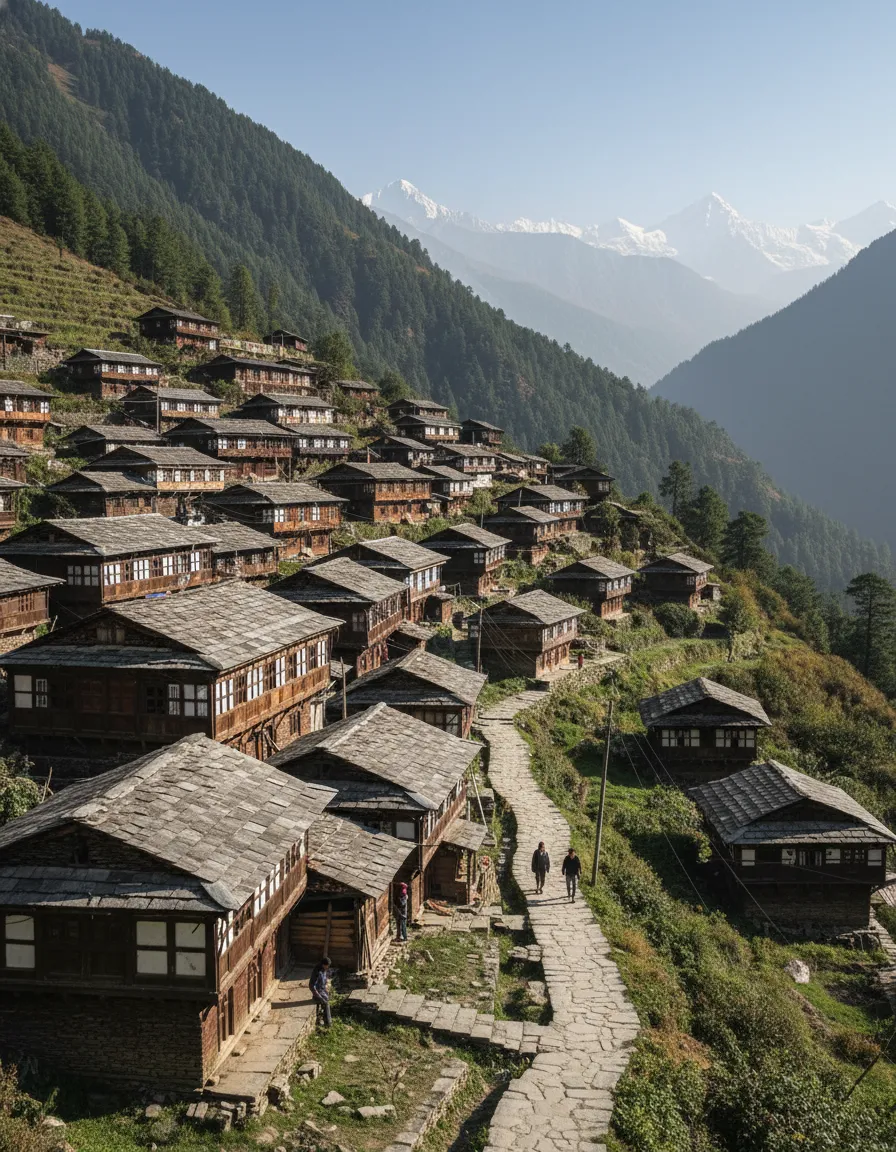 Close-up of traditional Kath Kuni wooden houses in Malana with slate roofs and intricate carvings.