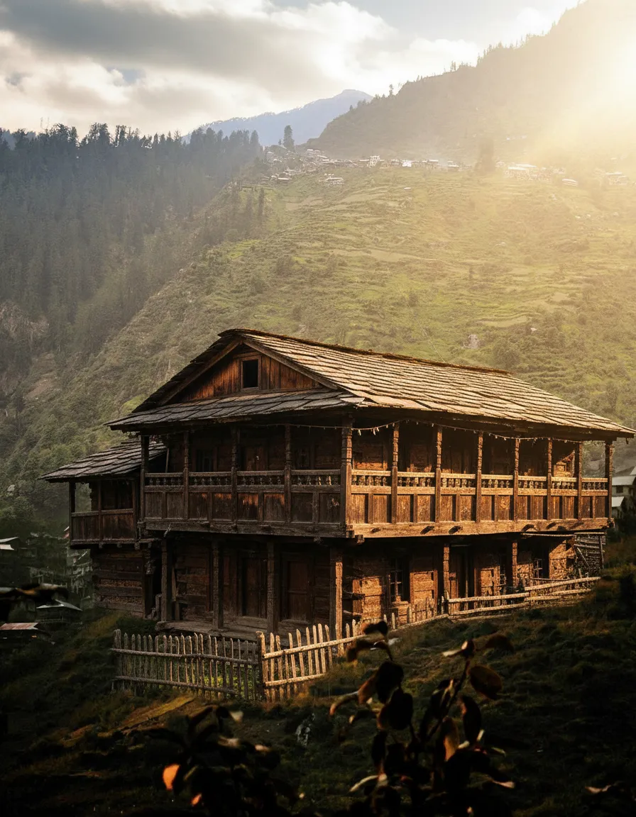A local Malani villager, from a respectful distance, showing traditional attire and features, with the village in the background.