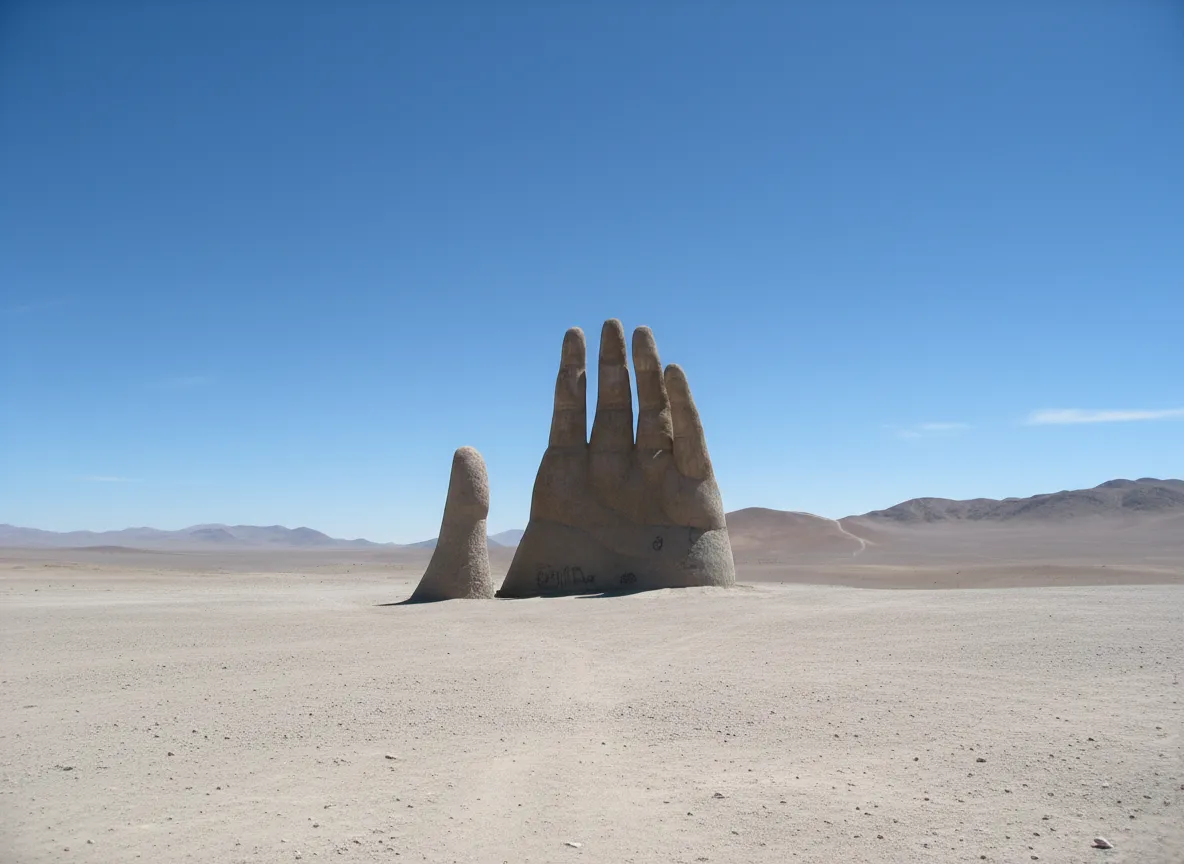 Giant concrete hand sculpture rising majestically from the vast, arid Atacama Desert in Chile, under a clear blue sky.