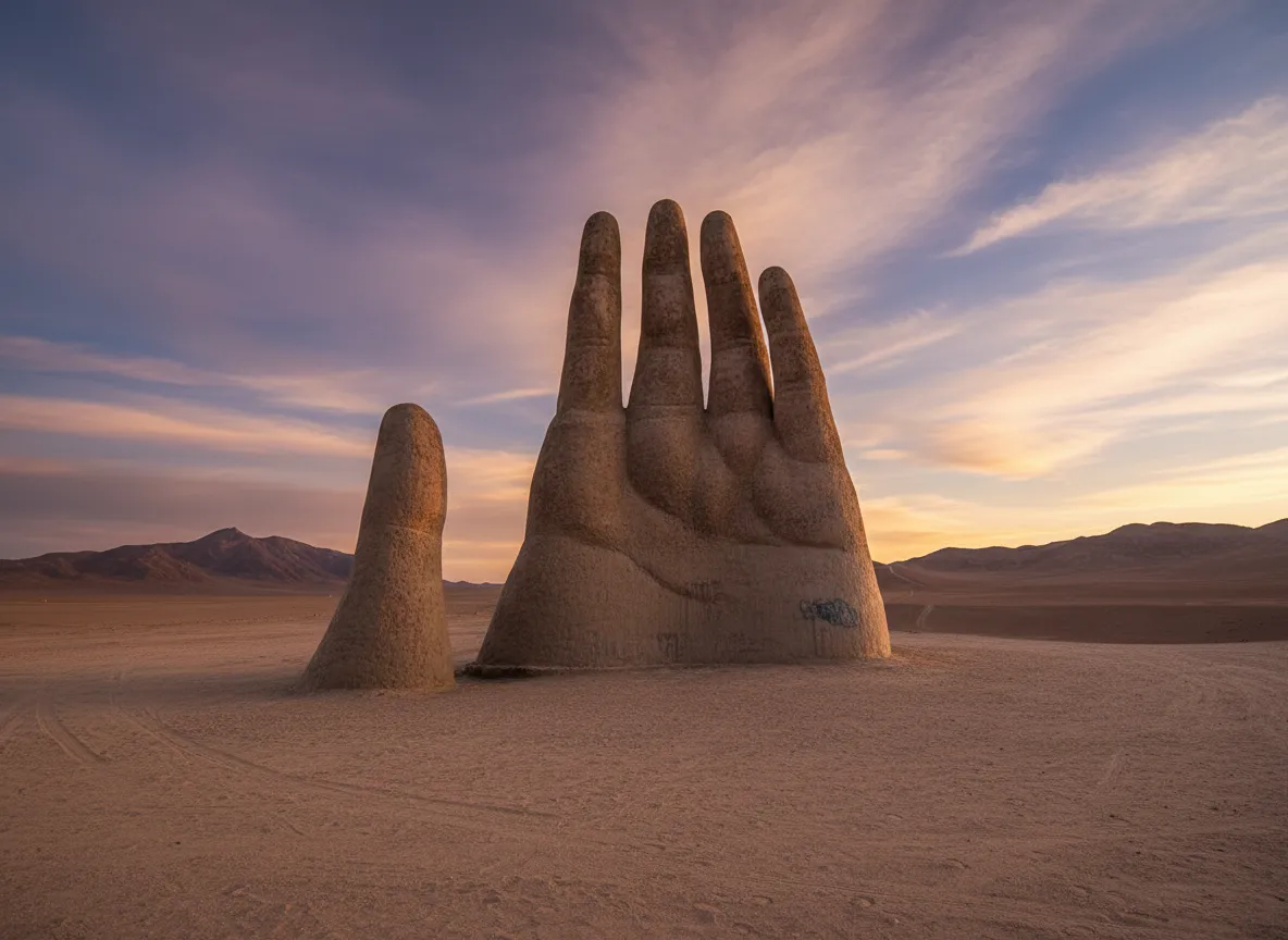 Panoramic view of the vast, arid Atacama Desert with the Mano del Desierto sculpture under a clear blue sky, showing the immense scale of the landscape.