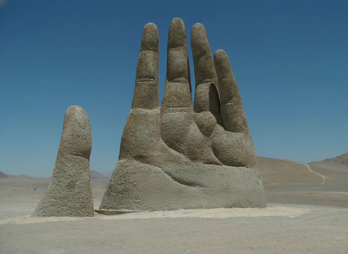 A lone traveler standing near the base of the Mano del Desierto, looking out at the vast desert landscape, conveying a sense of solitude and wonder.