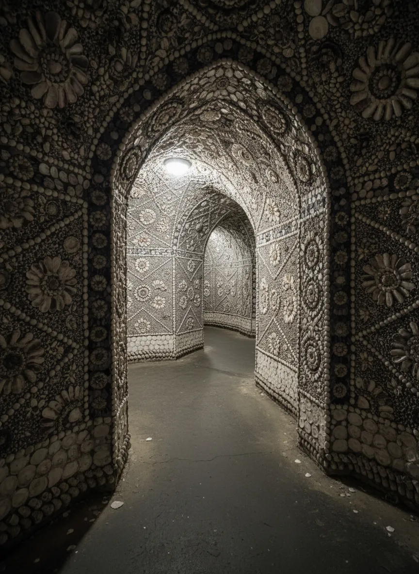 The entrance to Margate Shell Grotto, a small doorway leading underground.