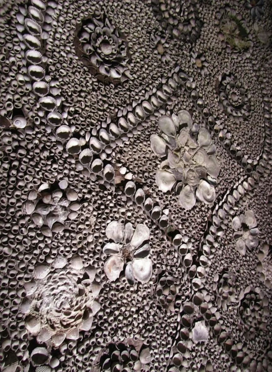 A close-up shot of the intricate shell mosaics inside Margate Shell Grotto, showing spirals and patterns made from various shell types.
