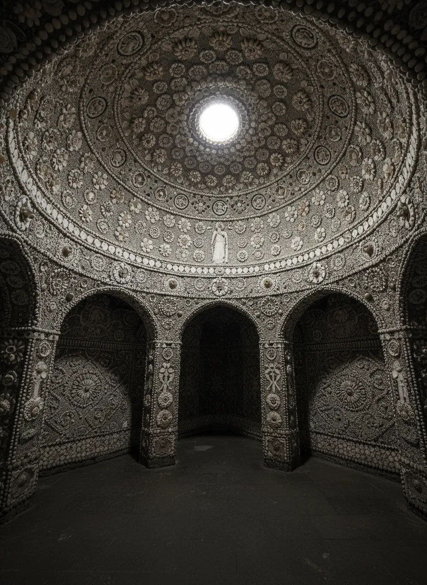 A wider view of a passage inside Margate Shell Grotto, showing the scale of the shell mosaics covering the walls and ceiling.