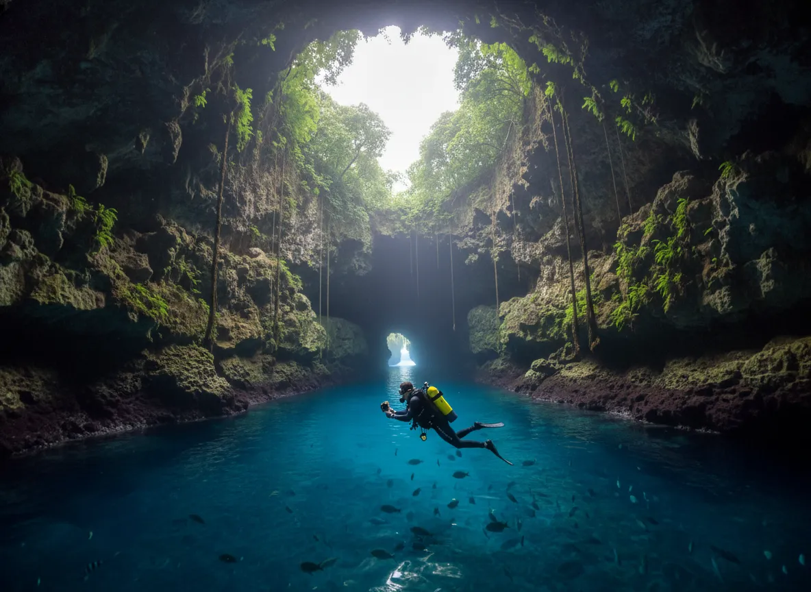Underwater view of the entrance to Mariner's Cave, showing ethereal blue light filtering in.
