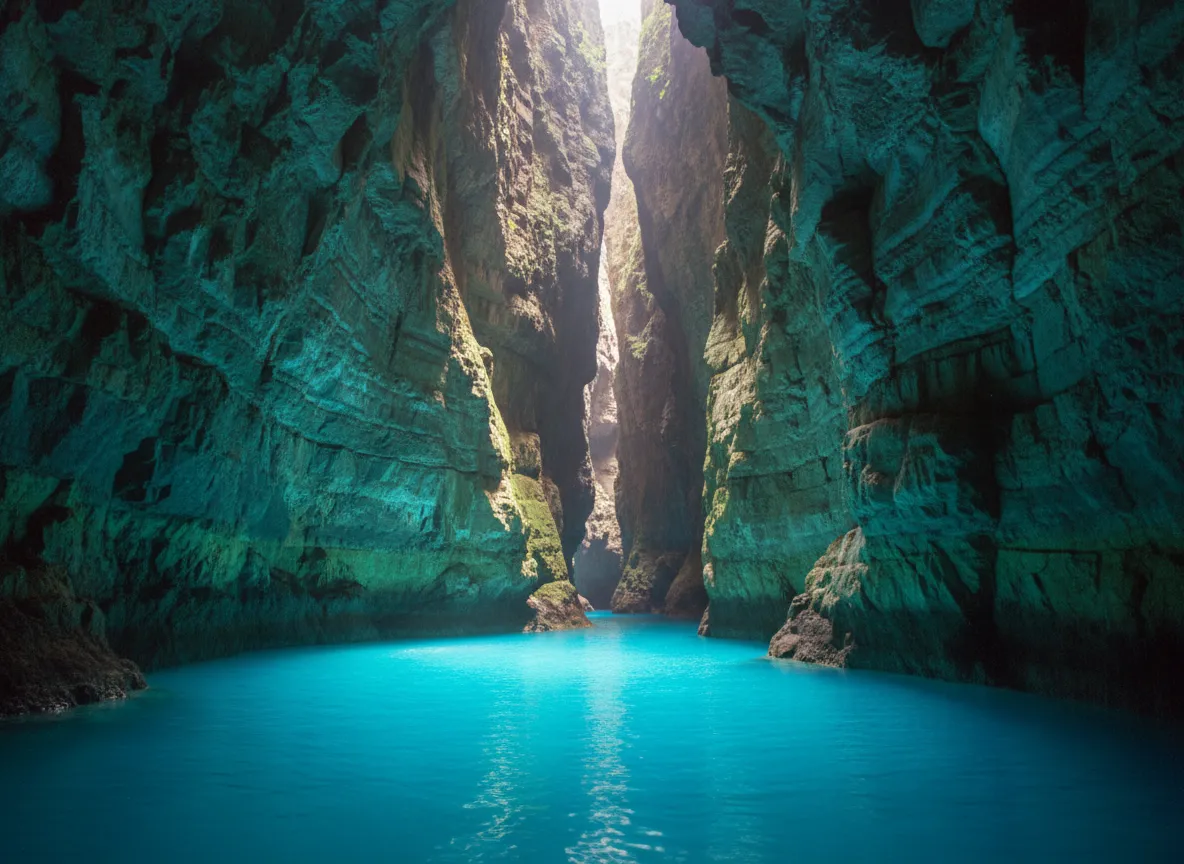 Inside Mariner's Cave, showing the large air-filled chamber with light filtering through the water.