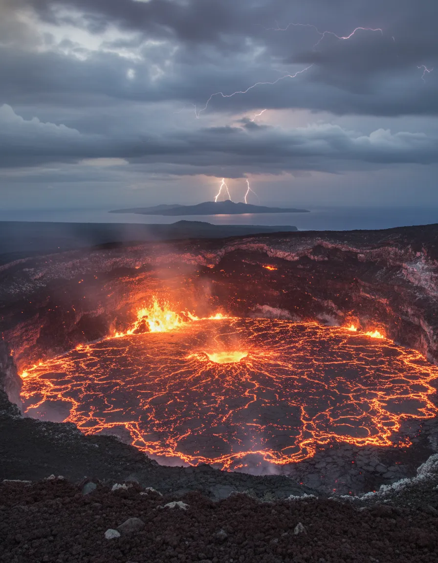 A hiker silhouetted against the glowing red lava lake of Marum volcano at night, with steam rising.